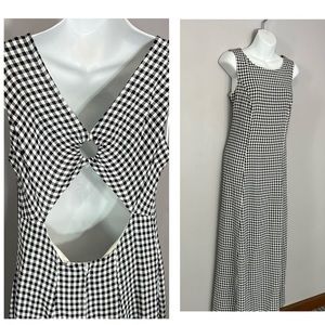 Vintage gingham black white plaid print maxi dress long sleeveless keyhole back